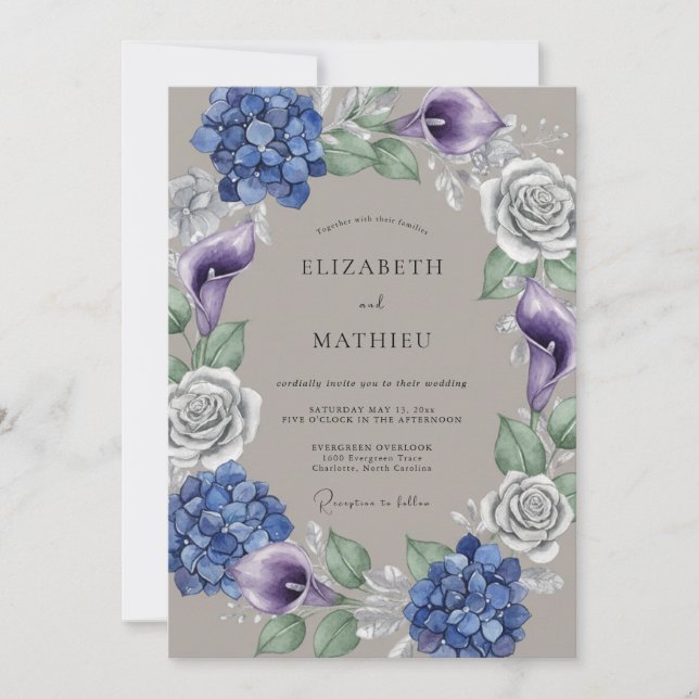 Blue Floral Lush Arrangement Wedding Invitation (Front)
