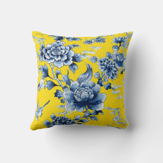 Blue Floral Luxury Print on Yellow Throw Pillow