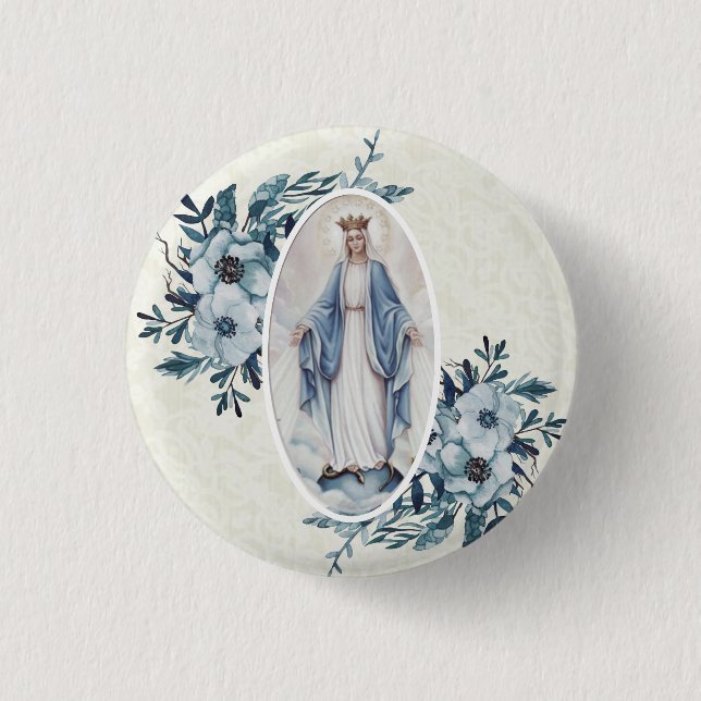 Blue Floral |Madonna | Virgin Mary | Lace 1 Inch Round Button (Front)