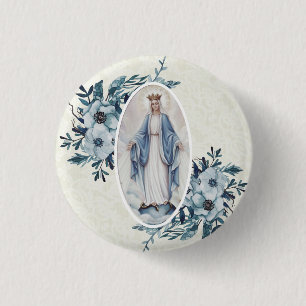 Blue Floral Madonna Virgin Mary Lace 1 Inch Round Button