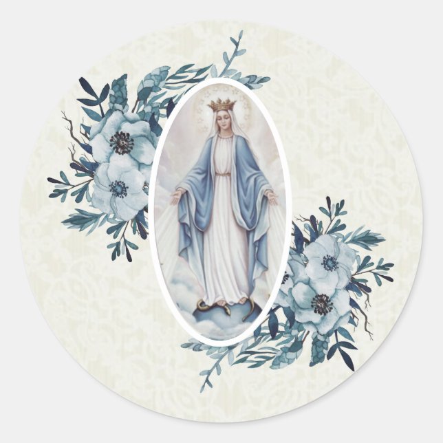 Blue Floral |Madonna | Virgin Mary | Lace Classic Round Sticker (Front)