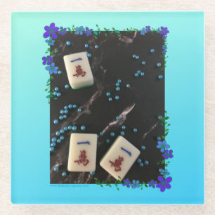 Blue floral mahjong themed glass coaster
