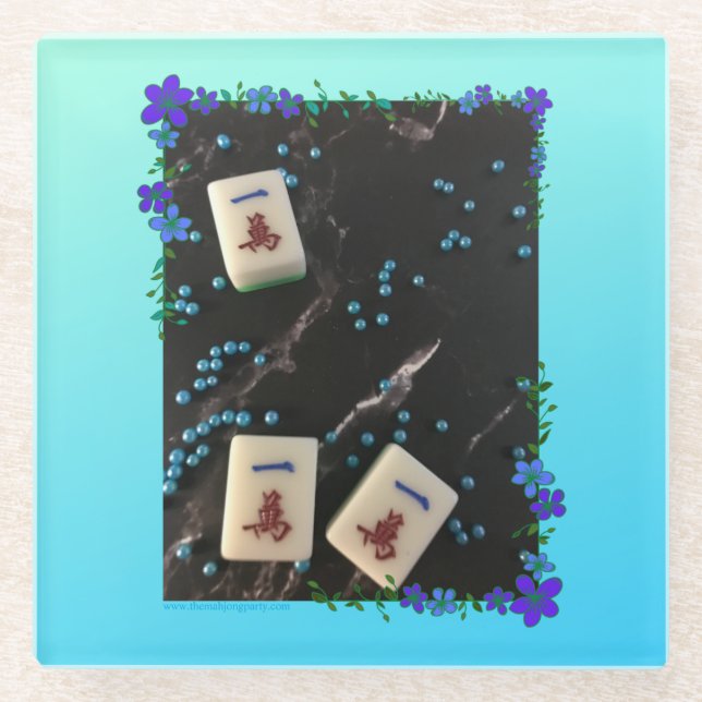 Blue floral mahjong themed glass coaster (Front)