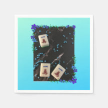Blue floral mahjong themed napkins with characters