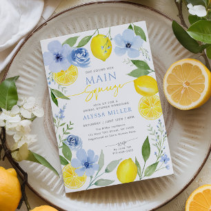 Blue Floral Main Squeeze Lemon Bridal Shower Invitation