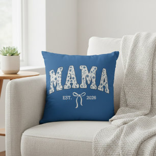 Blue Floral Mama Varsity Feminine Artwork Throw Pillow