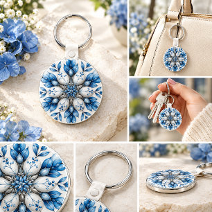Blue Floral Mandala Keychain, Elegant Blue White B Keychain