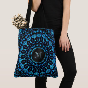 Blue Floral Mandala Monogram Tote Bag