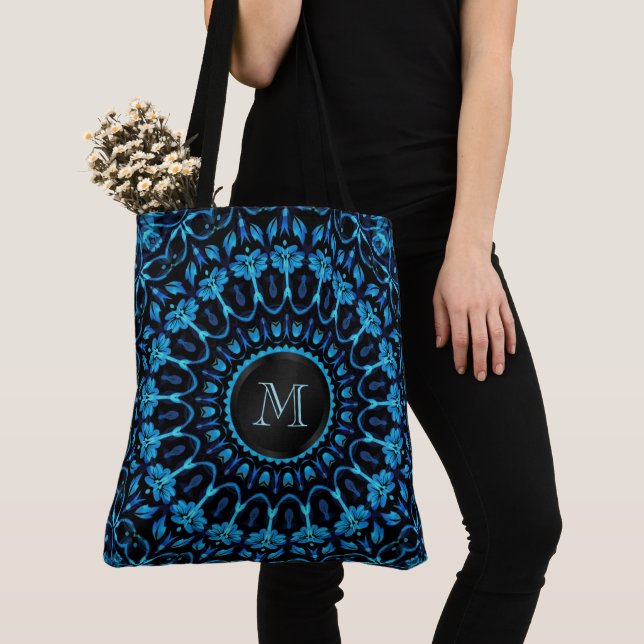 Blue Floral Mandala Monogram Tote Bag (Close Up)