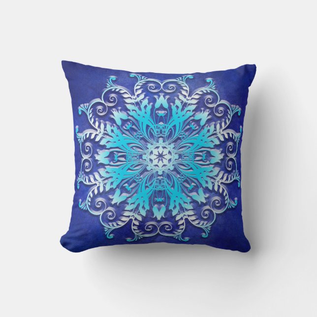 Blue floral mandala on grunge background. throw pillow (Front)