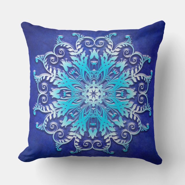 Blue floral mandala on grunge background. throw pillow (Front)