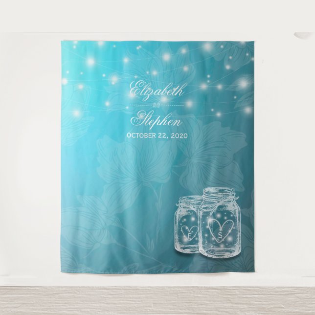 Blue Floral Mason Jar Wedding Photo Booth Backdrop Tapestry (Front)