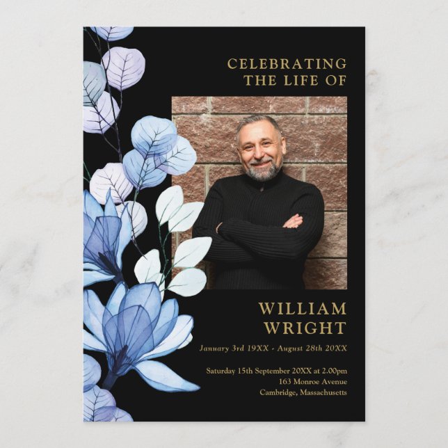 Blue Floral Memorial Funeral Order Of Service Program (Front)