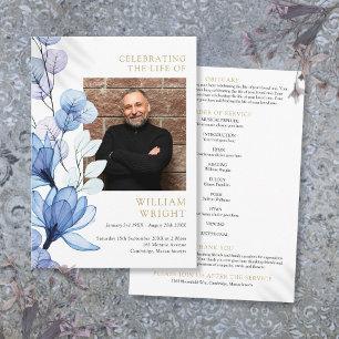 Blue Floral Memorial Funeral Order Of Service Program