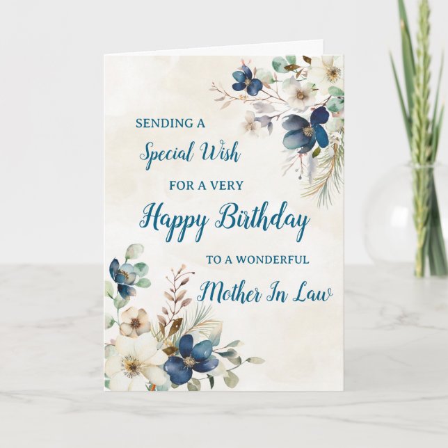Blue Floral Mère En Droit Carte Anniversaire (Devant)