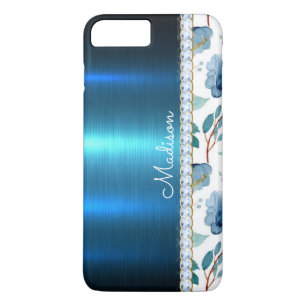 Blue Floral Metallic Glitter Classy Pretty Heart Case-Mate iPhone Case