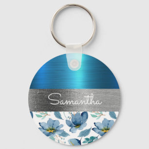 Blue Floral Metallic Glitter Classy Pretty Heart Keychain