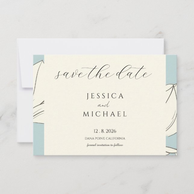 Blue Floral Minimalist Flat Save The Date Card (Front)