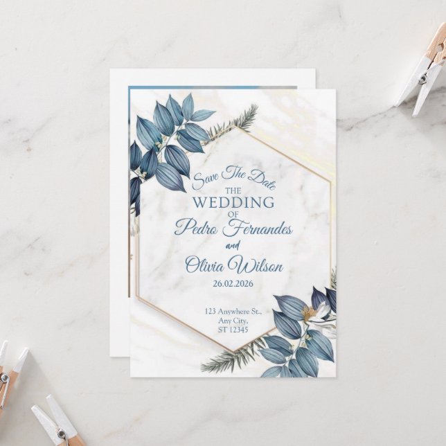 Blue Floral Minimalist Save The Date Wedding Invitation (Front/Back In Situ)