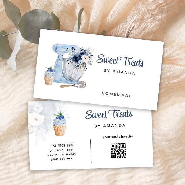 Blue Floral Mixer QR-Code Business Card (Creator Uploaded)