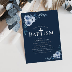 blue floral modern baptism invitation