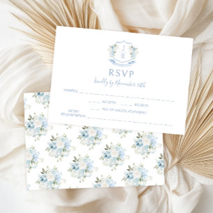 Blue Floral Modern Monogram Wedding RSVP Cards