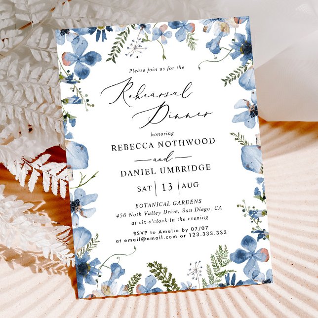 Blue Floral Modern Rehearsal Dinner Wedding  Invitation (Creator Uploaded)