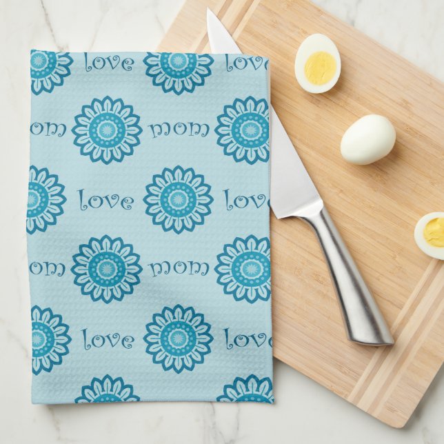 Blue Floral Mom Love Pattern Kitchen Towel (Quarter Fold)