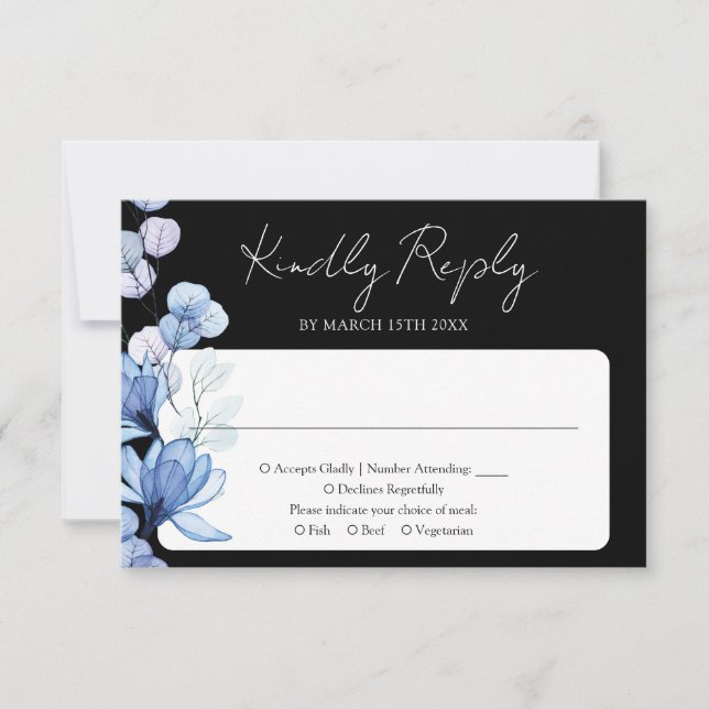 Blue Floral Monogram Black And White Wedding RSVP Card (Front)