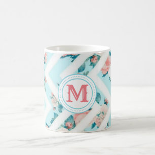 Blue Floral Monogram Chevron Pattern Classic Mug