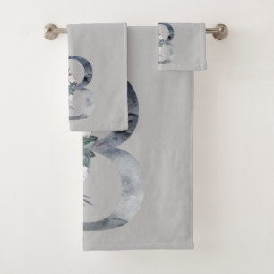 Blue Floral Monogram Initial B Grey Towel Set