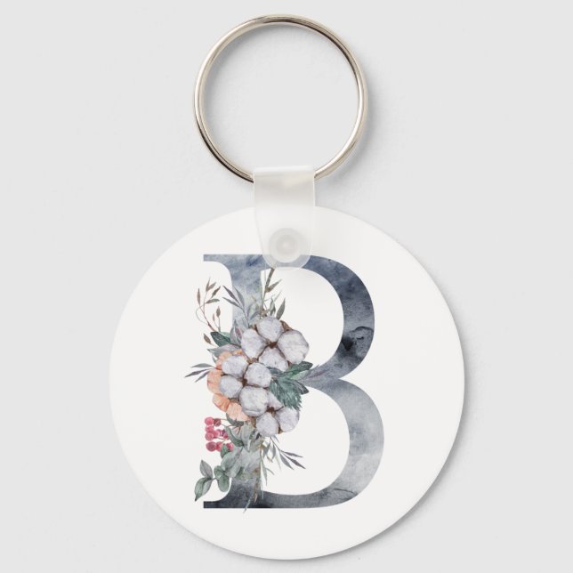 Blue Floral Monogram Initial B Keychain (Front)