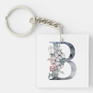 Blue Floral Monogram Initial B Keychain