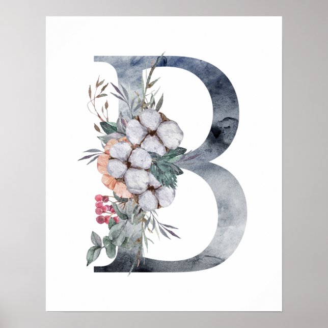 Blue Floral Monogram Initial B Poster (Front)