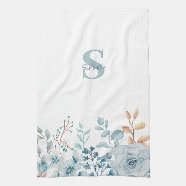 Blue Floral Monogram Name Kitchen Towels (Vertical)