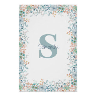 Blue Floral Monogram Name Poster