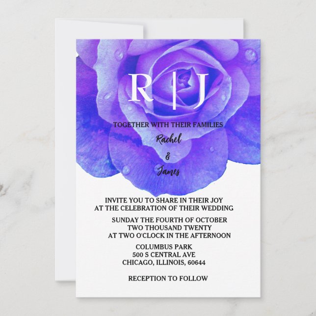 Blue Floral Monogram Rose Flowers Elegant Wedding Invitation (Front)