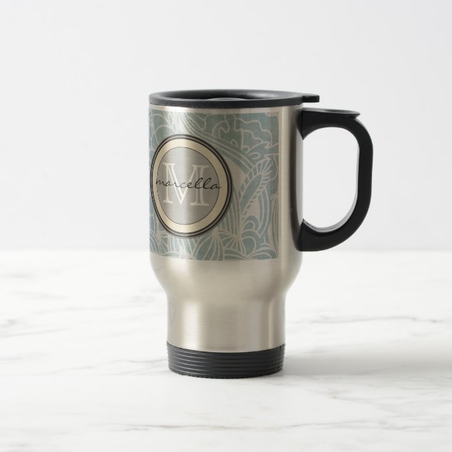 Blue Floral Monogram Travel Mug (Right)