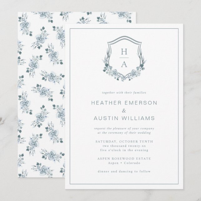 Blue Floral Monogram Wedding Invitation (Front/Back)