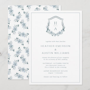 Blue Floral Monogram Wedding Invitation
