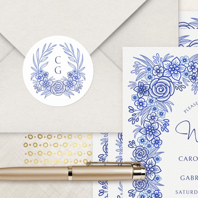 Blue Floral Monogram Wreath Wedding Classic Round Sticker (Creator Uploaded)
