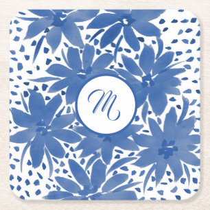 Blue Floral Monogrammed Watercolor Design Square Paper Coaster