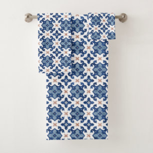 Blue Floral Moroccan Tile Pattern Bath Towel Set