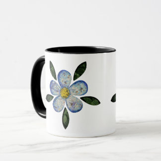 Blue Floral Mosaic with Green Patterned Leaves Mug