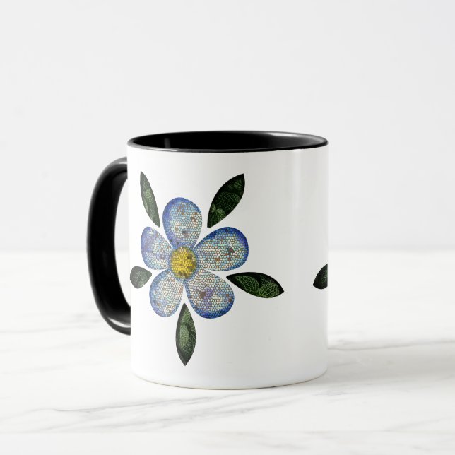 Blue Floral Mosaic with Green Patterned Leaves Mug (Front Left)