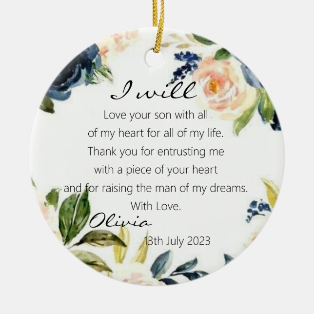 Blue Floral Mother of The Groom Bride Wedding Ceramic Ornament (Front)