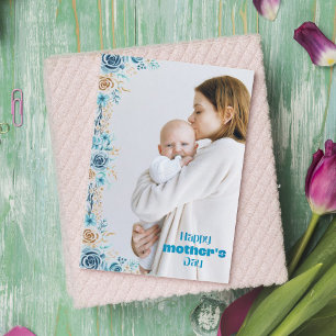 Blue floral mother photo Holiday Card