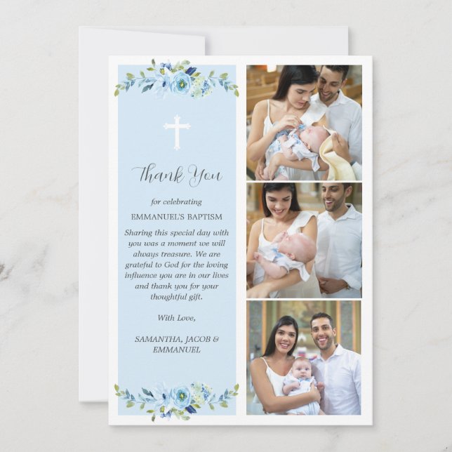 Blue Floral Multiphoto Baptism for Boys Thank You Card (Front)