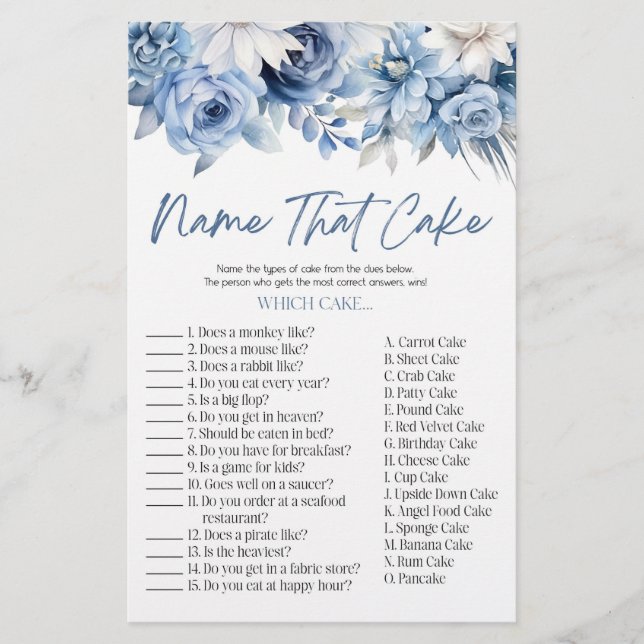 Blue Floral Name That Cake Bridal Shower Game  Stationery (Front)