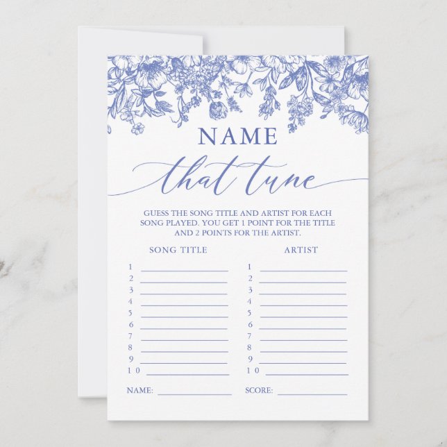Blue Floral Name That Tune Bridal Shower Game Invitation (Front)